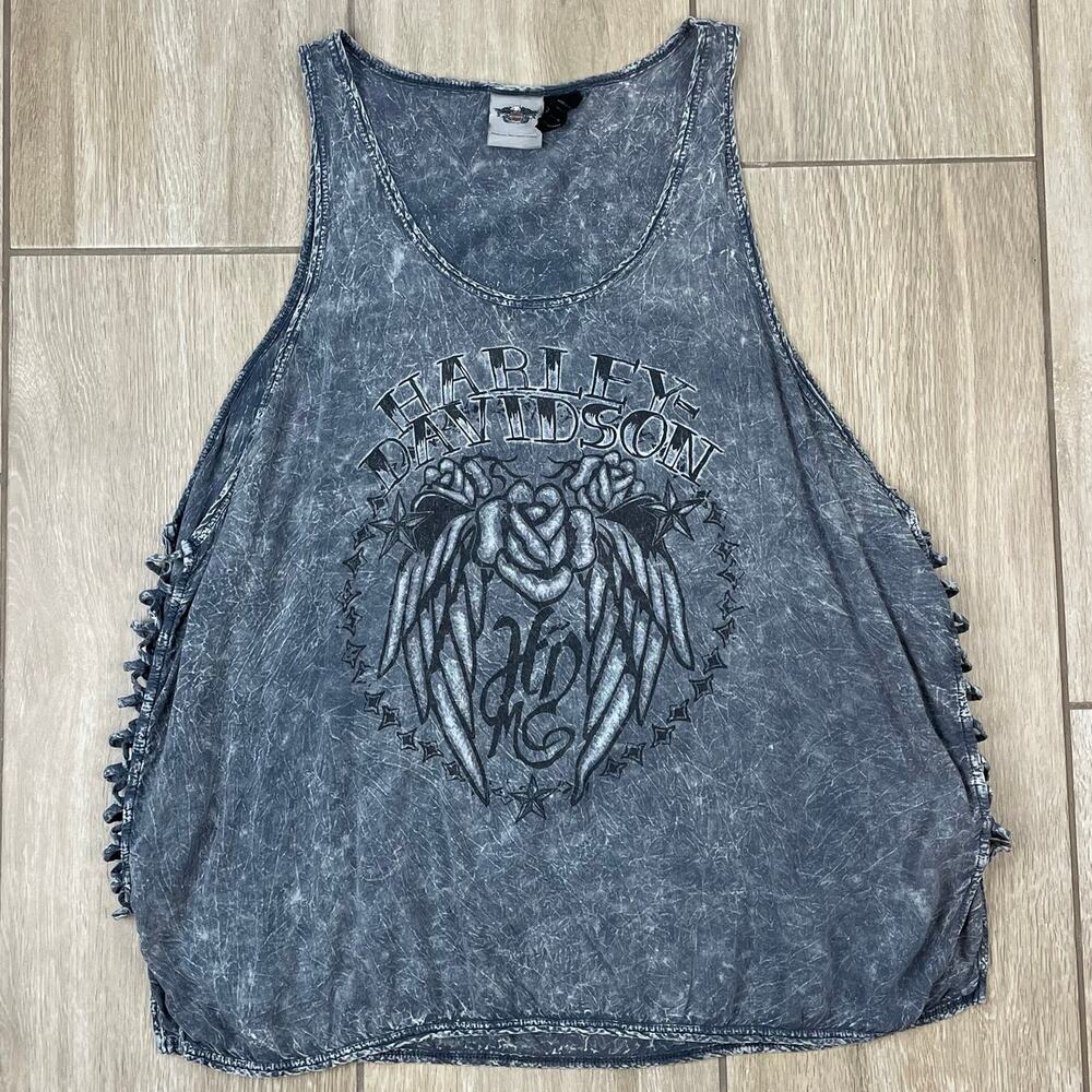 Harley Davidson Tank Top Womens XL Gray Acid Wash Shredded Lace Up Biker USA
